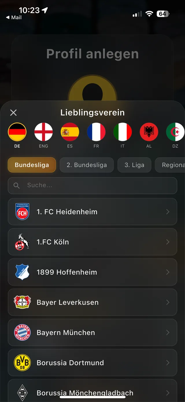 Hoppr Registrierung: Lieblingsverein aus Ligen und Ländern auswählen