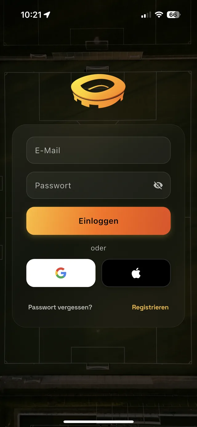 Hoppr Login-Screen mit goldenem Logo, Anmeldung per E-Mail, Google oder Apple