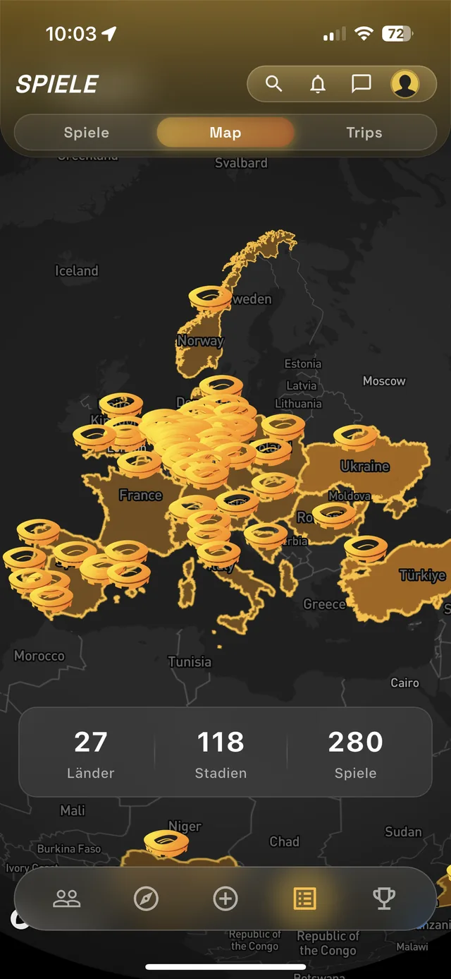 Hoppr Explore: dunkle Europakarte mit goldenen Markierungen für besuchte Stadien, darunter die Bilanz: 27 Länder, 118 Stadien, 280 Spiele