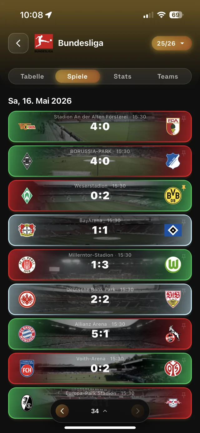 Hoppr: Bundesliga-Spieltag mit Ergebnis-Karten vor Stadion-Hintergründen
