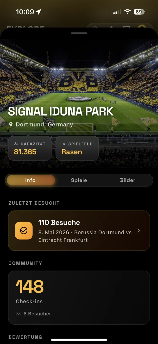 Hoppr: Stadion-Detailseite des Signal Iduna Park mit Kapazität, Besuchen und Community-Check-ins