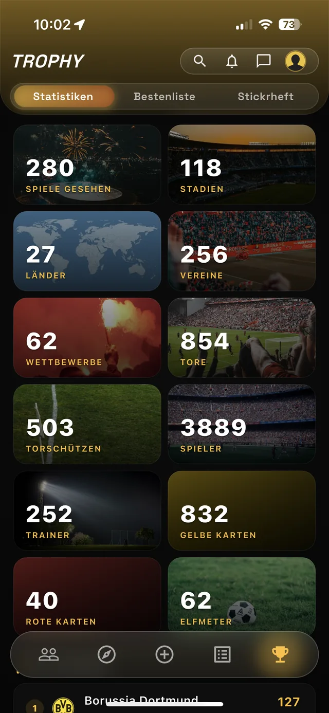 Hoppr Trophy Center: persönliche Statistiken als Kacheln: 280 gesehene Spiele, 118 Stadien, 27 Länder, 256 Vereine, 854 Tore und mehr