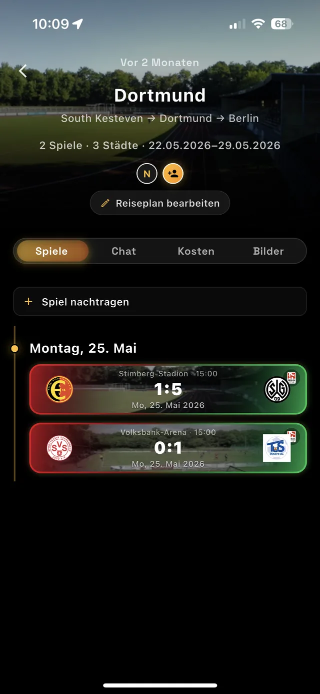 Hoppr Trips: geplante Auswärtstour nach Dortmund und Berlin mit zwei Spielen, drei Städten, Reiseplan und Tabs für Chat, Kosten und Bilder